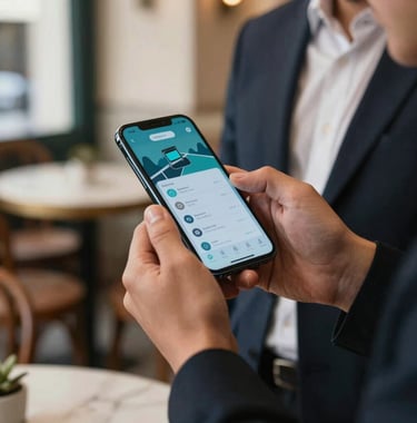 Close-up of a person in professional attire in an Algerian cafe using a high-end smartphone to make a quick mobile payment via a modern app. The focus is on the seamless interaction and the premium device. Soft natural light, high-end lifestyle photography.