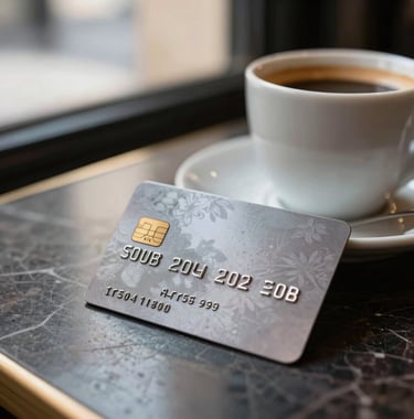 A close-up lifestyle shot of a high-end metal debit card resting on a dark marble surface next to a cup of espresso in a chic Parisian cafe. Soft morning sunlight filtering through the window.
