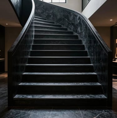 Low-key photography of a minimalist black stone staircase in a luxury residence, soft natural light from above creating deep cinematic shadows, North American / International context.