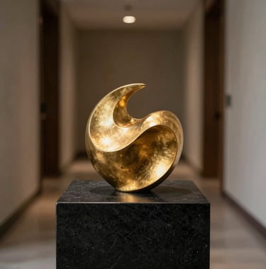 Detailed shot of a minimalist gold sculpture sitting on a matte black stone pedestal in a dimly lit hallway. Soft lighting highlights the metallic texture. North American / International style.