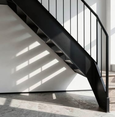 An architectural detail shot of a black steel staircase inside a high-end North American / International home. Sharp geometric shadows, natural sunlight hitting a white wall, and a muted grey stone floor. High contrast, clean, and silent luxury aesthetic.