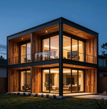 Exterior view of a contemporary architectural villa made of dark wood and black steel, illuminated by warm interior lights against a deep blue twilight sky. North American / International setting.