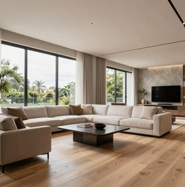 A high-end architectural photograph of a luxury property interior in Barueri. The room features minimalist designer furniture, light wood flooring, and large windows that invite natural daylight. The style is modern, clean, and premium, typical of a South American / Brazilian elite residence.