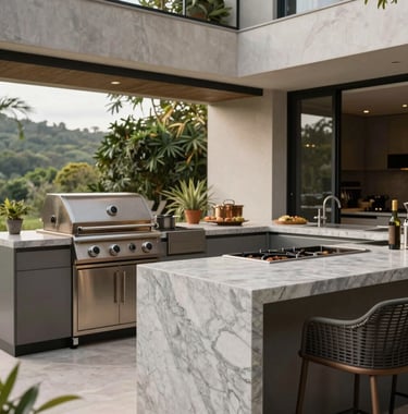 Gourmet area of a luxury house in Brazil, featuring a modern barbecue, light gray marble countertops, and high-end outdoor furniture.