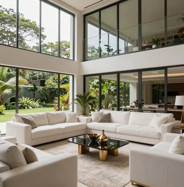 Spacious living room with high ceilings, large windows overlooking a lush garden in Vargem Grande Paulista, white sofas and gold decorative objects.