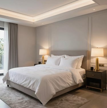 Elegant master suite of a high-end Brazilian home, showing off-white bedding, light gray walls, and gold accent lamps, sophisticated interior design.