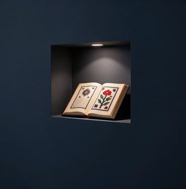 A minimalist gallery wall in a North American home featuring a single backlit niche holding an open embroidered book. The atmosphere is sophisticated and moody with deep navy shadows.