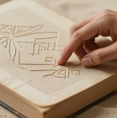 A close-up photograph of a hand gently touching the raised texture of a needlework pattern on a vintage book spine. Soft sand and warm beige tones.