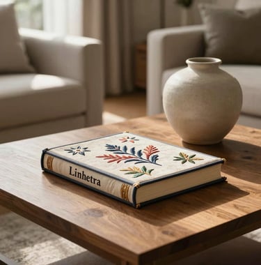 A luxury North American living room with a Linhetra embroidered book styled on a low oak coffee table next to a matte ceramic vase. Warm, morning light creates a peaceful atmosphere.