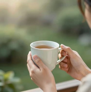 A close-up of a person's hands holding a simple ceramic mug of tea, looking out at a peaceful garden. No screens in sight. Soft, warm morning light, emphasizing #F7FCFA and soft #8DAF9E greens. High white space and airy feel.