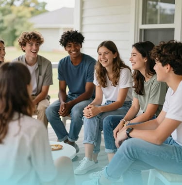 A diverse group of youth sitting on a porch, talking and laughing without any phones in sight. Soft natural lighting, warm and inviting atmosphere, clean modern aesthetic using #F7FCFA and #2E7D8C palette.