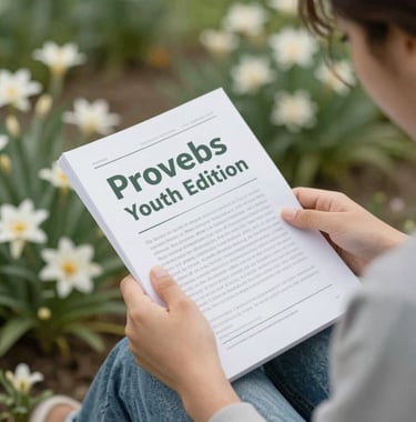 Close-up of a young person's hands holding a printed copy of the Proverbs Youth Edition, sitting in a garden with soft-focus flowers in the background. Peaceful and contemplative mood with #8DAF9E green accents.