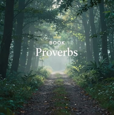 A tranquil landscape of a forest path at sunrise, representing the journey of the book of Proverbs. Soft mist, deep teal #1B3230 and light green #8DAF9E colors, extremely peaceful and hopeful.