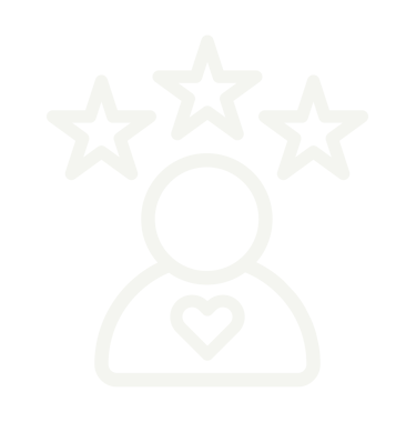 White line icon of a person with a heart and three stars representing customer reviews and loyalty.