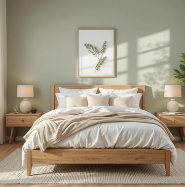 Dormitorio moderno y acogedor con pared en verde salvia, cama de madera natural y textiles blancos y