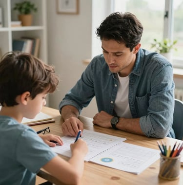 A high-end tutoring desk inside a bright British Columbia home where an educator patiently and calmly assists an elementary student with a custom math project.