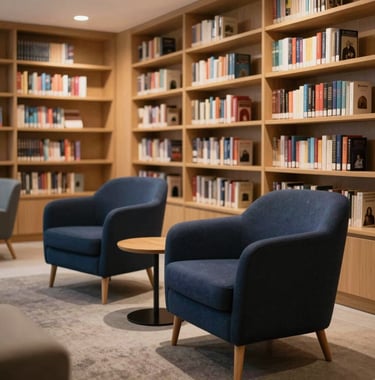 An inviting learning center lounge in British Columbia with comfortable, elegant modern navy armchairs and structured bookshelves under a warm, calm glow.
