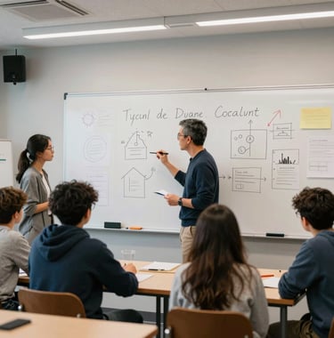 A creative workshop room in British Columbia with high-school aged students collaborating around a whiteboard with bright ideas, supervised by a mentor.