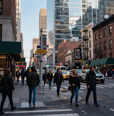 A professional photo of a busy North American / NYC street corner with diverse shops and pedestrians, captured in soft morning light with powder blue sky reflections.