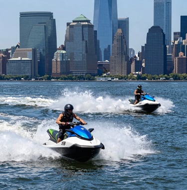 A vibrant action shot of two jet skis kicking up spray on the Hudson River with the iconic lower Manhattan skyline in the background. The water is a deep Ocean Blue. North American / NYC environment.