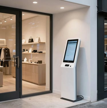 A bright and airy photograph of a boutique shop interior in a North American / NYC neighborhood, featuring a sleek, minimalist digital kiosk near the entrance for guest use.