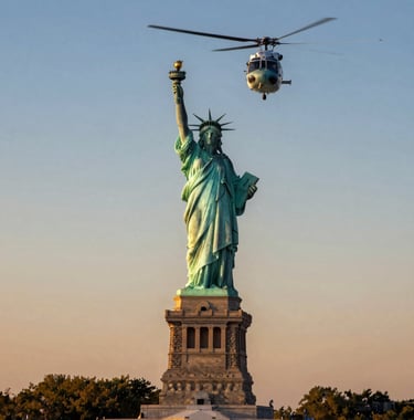 A professional photograph of a helicopter flying over the Statue of Liberty during a golden hour sunset in New York City. The sky is a mix of Ocean Blue and warm orange. High-resolution tourism photography.