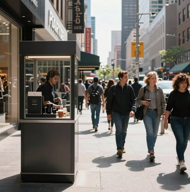 A street-level photo of a group of visitors walking through a bustling North American / NYC shopping district. In the foreground, a sleek kiosk stands outside a partner store under clear, bright daylight.