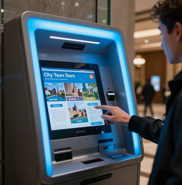 A close-up shot of a tourist in a North American / NYC hotel lobby using a digital kiosk to browse city tours. The kiosk is illuminated with vibrant sky blue light, reflecting off the clean, modern glass surface.