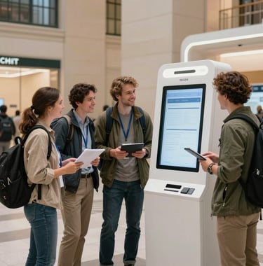 A group of tourists in modern travel attire gathered around a sleek, white digital kiosk inside a bright North American / NYC visitor center. They are looking at the screen with smiles. Clean, bright, and professional lighting.