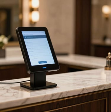 A professional shot of a luxury hotel concierge desk in North American / NYC, with a modern digital booking kiosk positioned nearby for self-service convenience.