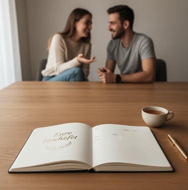 Ein Paar sitzt entspannt an einem Tisch und bespricht gemeinsam mit Hochzeitsplaner die Hochzeit
