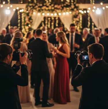 Hochzeitsfotograf bei der Arbeit während der Party mit Gästen im Hintergrund