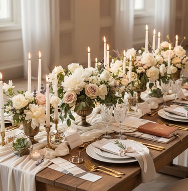 Elegante Hochzeitstafel mit Blumenarrangements, Kerzen und hochwertig dekorierten Gedecken