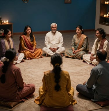 A medium shot of a small group of people in South Asian attire sitting in a circle during a satsang, in a warm indigo-colored room with soft candle lighting.