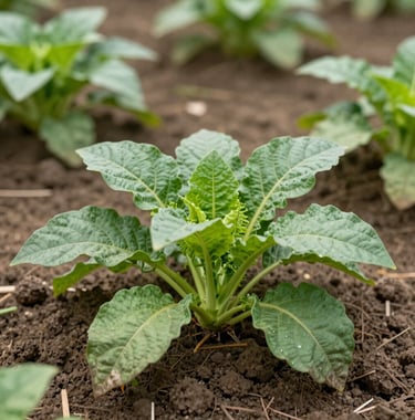 Close-up photography of healthy organic crops in a family farm in the South American Oriente, vibrant green leaves and fertile soil, natural soft lighting.