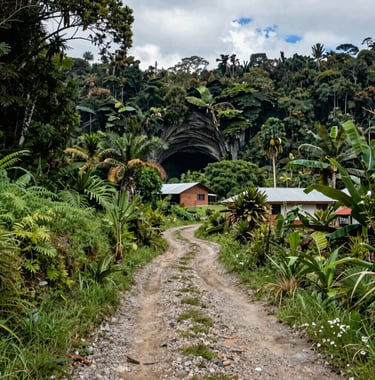 Landscape photography of a rural Ecuadorian community path near the Cueva de los Tayos, surrounded by lush Amazonian vegetation and bright daylight.