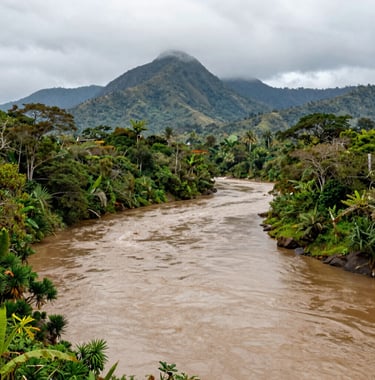 Scenic wide-angle photography of a winding river in the Amazon region of Ecuador, vibrant greenery, misty mountains in the background, earthy natural tones.