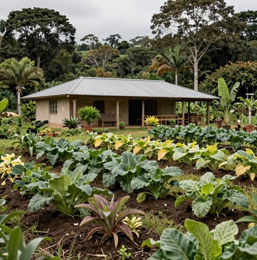 Photography of a sustainable family farm 'quinta' in the Ecuadorian Amazon, diverse crops growing, organic and clean rural composition.