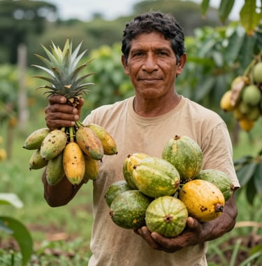 A South American farmer proudly showing a harvest of tropical fruits in a sustainable agro-ecological plot. Soft natural lighting, vibrant greens and earthy tan colors.
