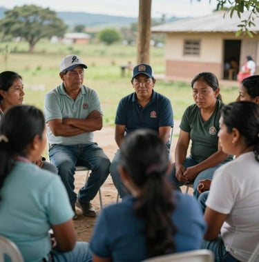 Candid photography of a community meeting in a rural South American setting, people engaged in conversation outdoors, soft natural light.