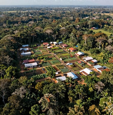 An aerial view of a sustainable community layout in the Amazon basin, featuring plenty of forest preservation and organized family gardens. Professional drone photography, soft sunlight.