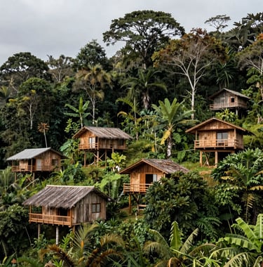 A peaceful landscape of family quintas in the Ecuadorian Amazon, showing small wooden ecological structures integrated into the forest. High quality photography, organic and sustainable mood.