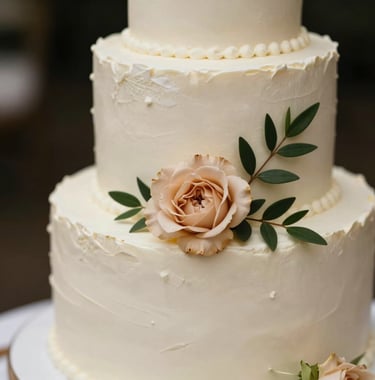 A close-up of a three-tier wedding cake with smooth off-white frosting, decorated with a single, perfectly placed beige flower and a sprig of greenery. Minimalist and high-end aesthetic.