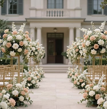 An elegant outdoor wedding aisle lined with tall, airy floral arrangements in neutral sand and cream tones. Soft professional photography, North American luxury estate background.