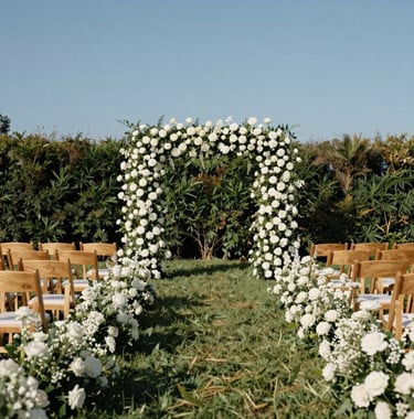 A beautifully decorated wedding aisle in a North American / US outdoor setting. Low, lush floral hedges in shades of off-white line the path. The chairs are light wood with clean lines, under a clear blue sky.