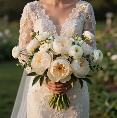 A sophisticated bride in a timeless lace gown holding an oversized bouquet of cream peonies and white ranunculus. North American garden setting, soft golden hour lighting, elegant and romantic style.