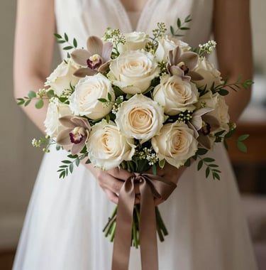 A close-up photograph of an intricate bridal bouquet featuring cream garden roses, light taupe orchids, and delicate greenery, tied with a long, muted brown silk ribbon. Soft, natural lighting in a high-end North American / US indoor setting.
