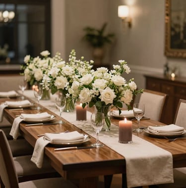 A masterfully set long wooden banquet table in a North American / US luxury estate. The table is adorned with cream runners, muted brown candles, and tall glass vases filled with sophisticated white florals. The lighting is intimate and warm.