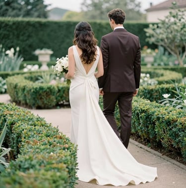 A lifestyle shot of a bride and groom from behind, walking through a manicured North American / US garden. She wears a sophisticated ivory gown with a long train, and he wears a tailored deep umber suit. Soft, dreamy lighting.