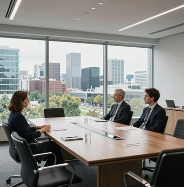 A bright, professional photograph of a Western European conference room overlooking an urban tech park. The scene is clean, with minimal furniture and a focus on high-end materials, reflecting a mood of professional innovation.